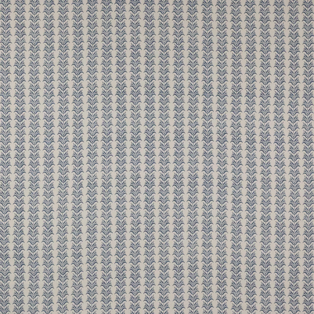 Blue leaf stripe block print on warm ivory linen fabric