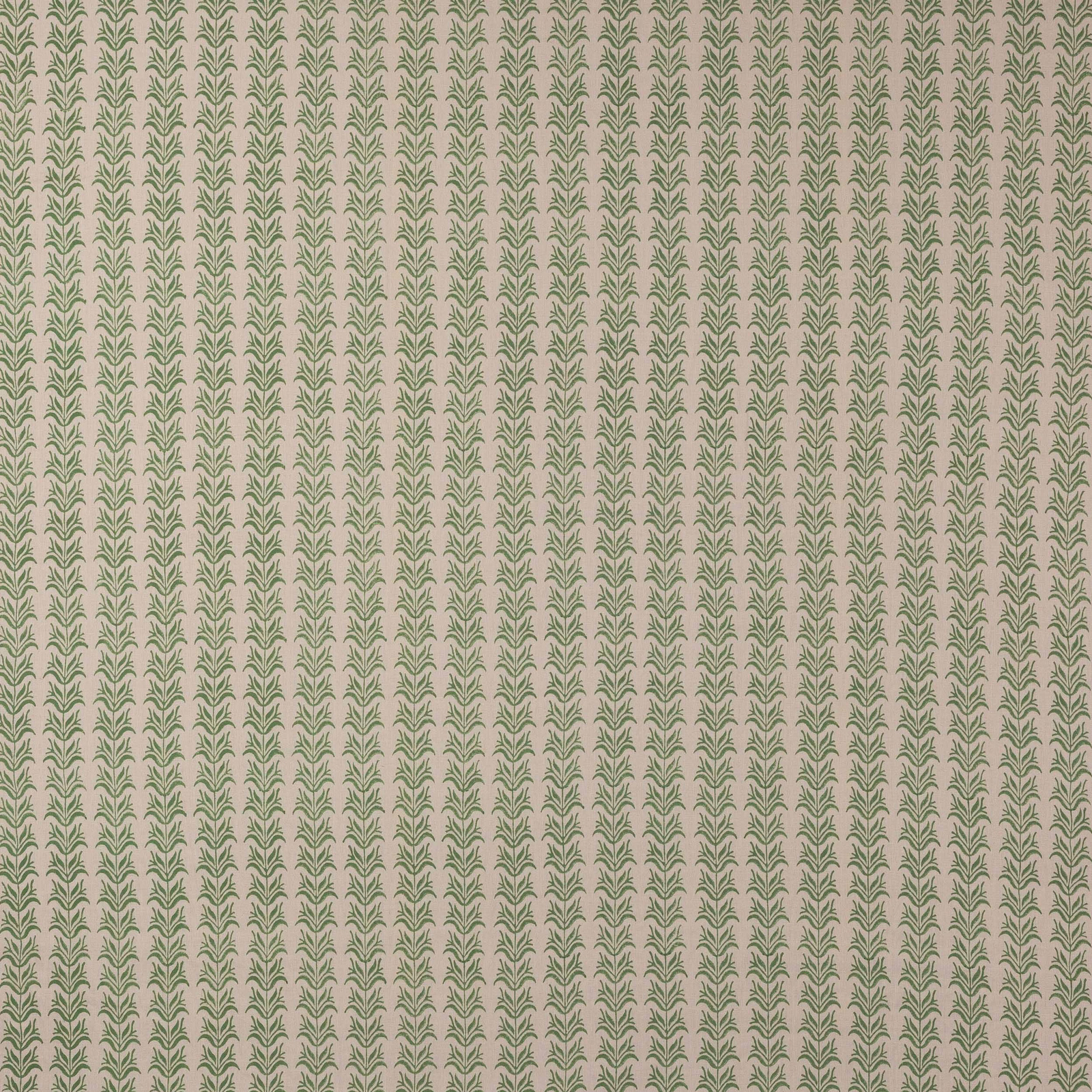 Pale linen fabric with narrow sage green leafy vertical stripes