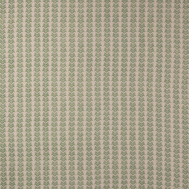 Pale linen fabric with narrow sage green leafy vertical stripes