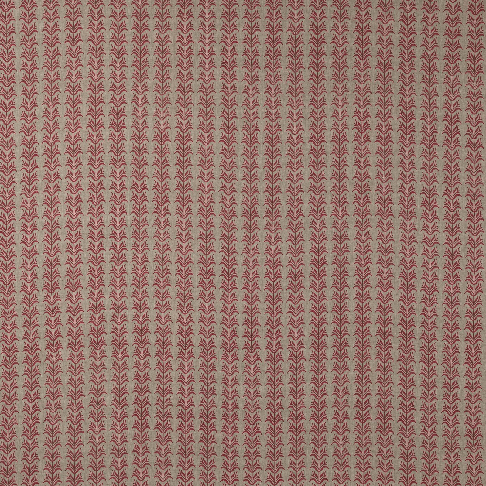 Vertical red leaf stripe on a natural linen ground, small repeating pattern