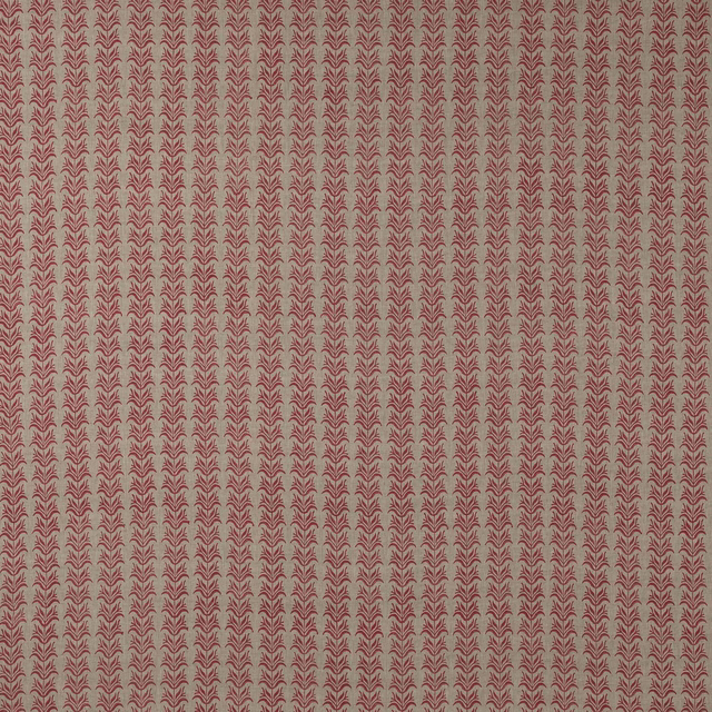 Vertical red leaf stripe on a natural linen ground, small repeating pattern
