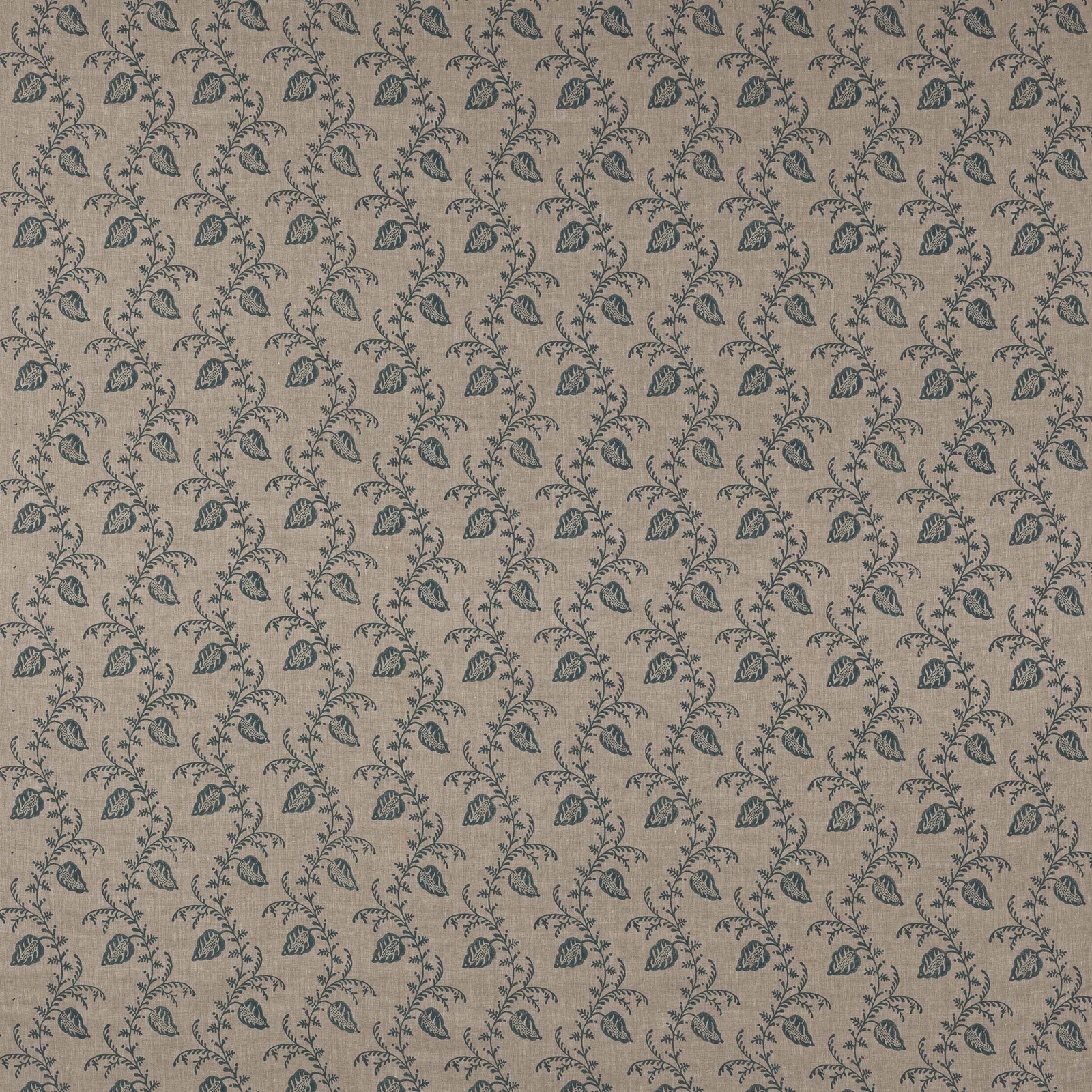 Small teal-blue botanical block print on natural linen ground