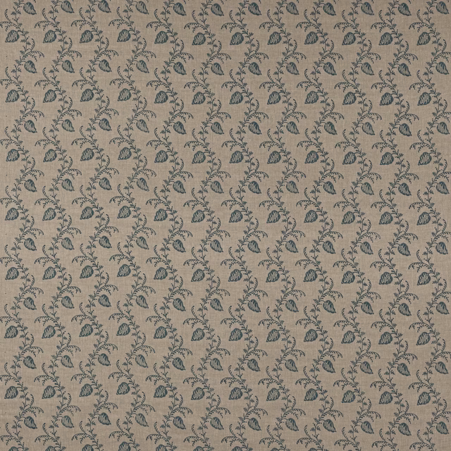 Small teal-blue botanical block print on natural linen ground