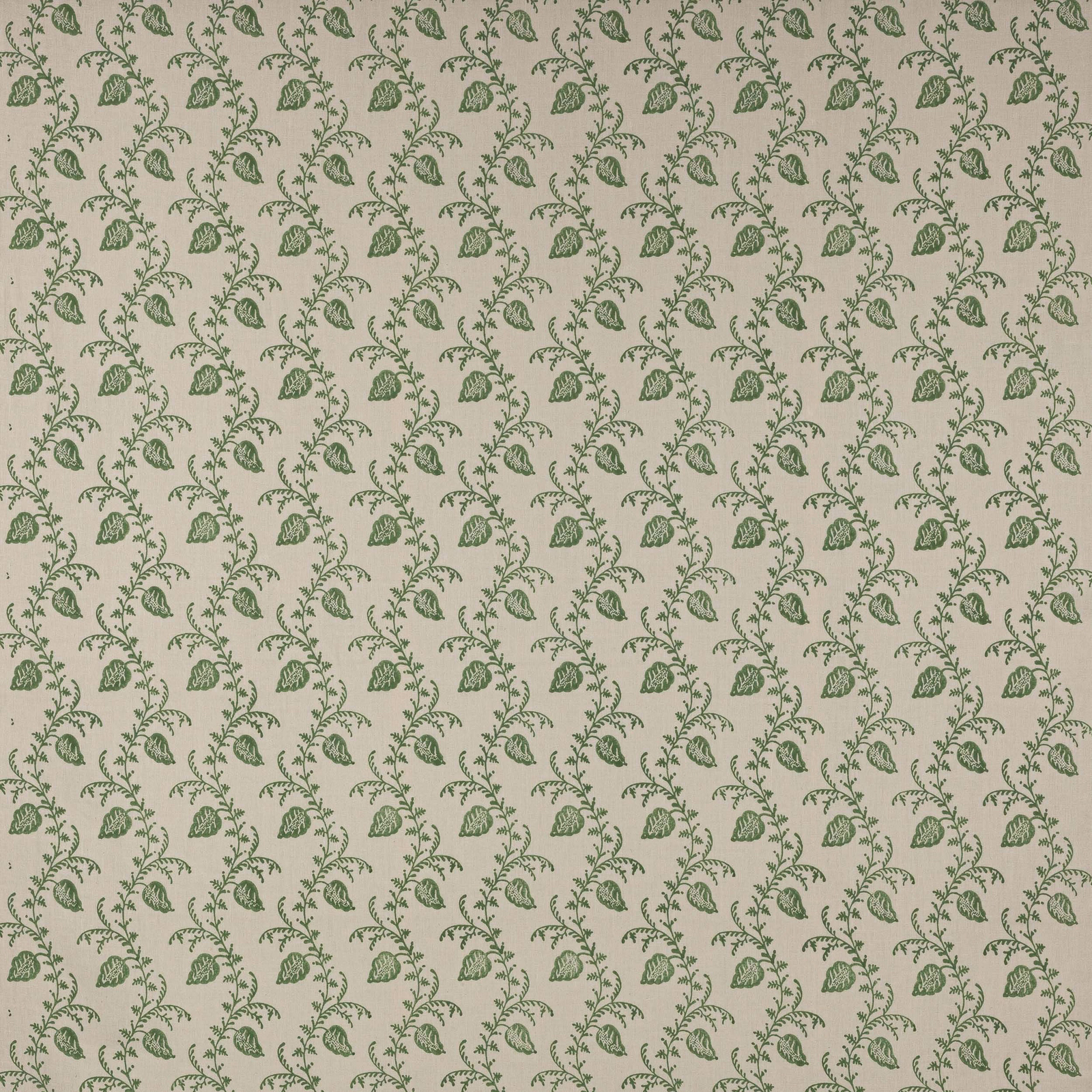 Small trailing leaf print in sage green on warm natural linen