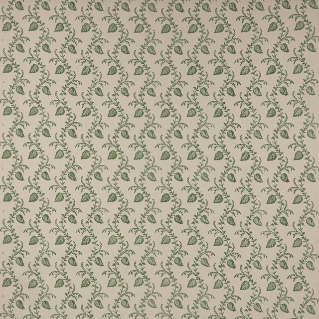Small trailing leaf print in sage green on warm natural linen