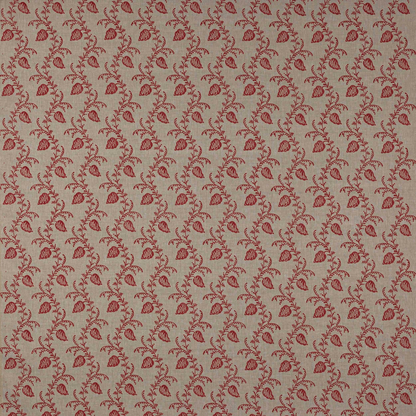 Red leafy block print on natural linen ground, small repeating pattern