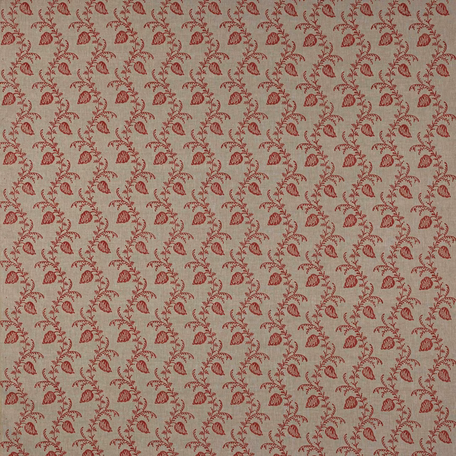 Red leafy block print on natural linen ground, small repeating pattern