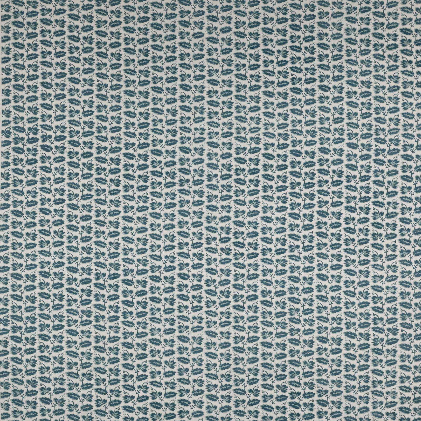 Small teal-blue leaf stripe print on a pale linen ground