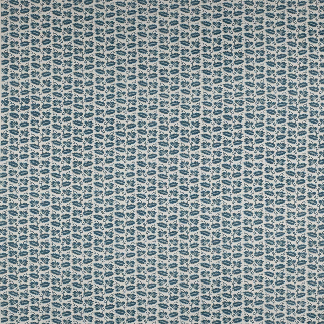 Small teal-blue leaf stripe print on a pale linen ground