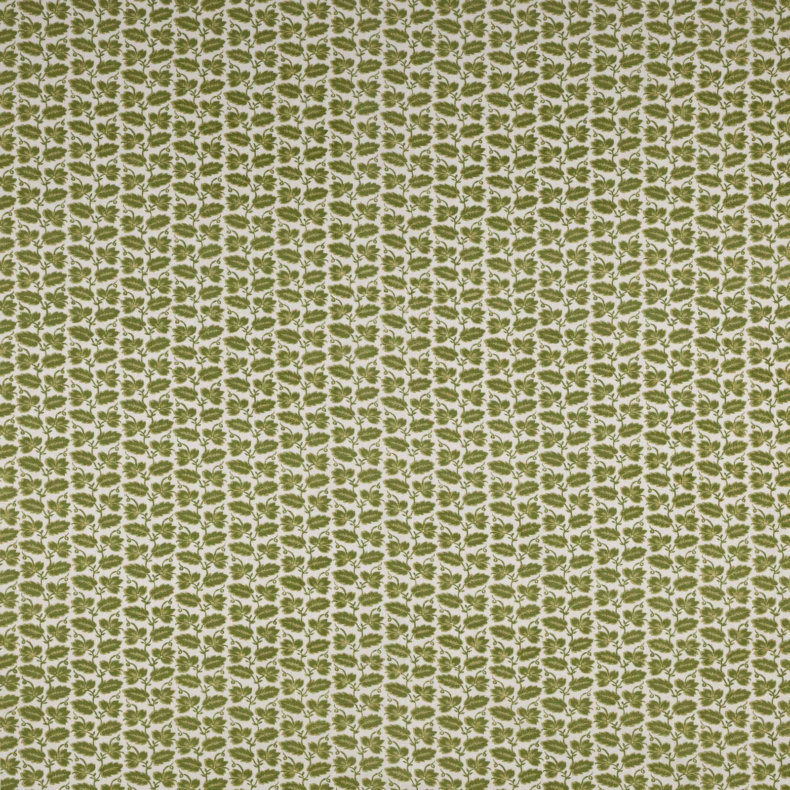 Small olive green leaf stripe on a pale linen ground