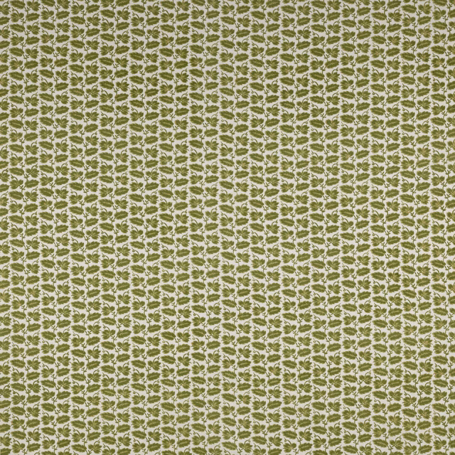 Small olive green leaf stripe on a pale linen ground