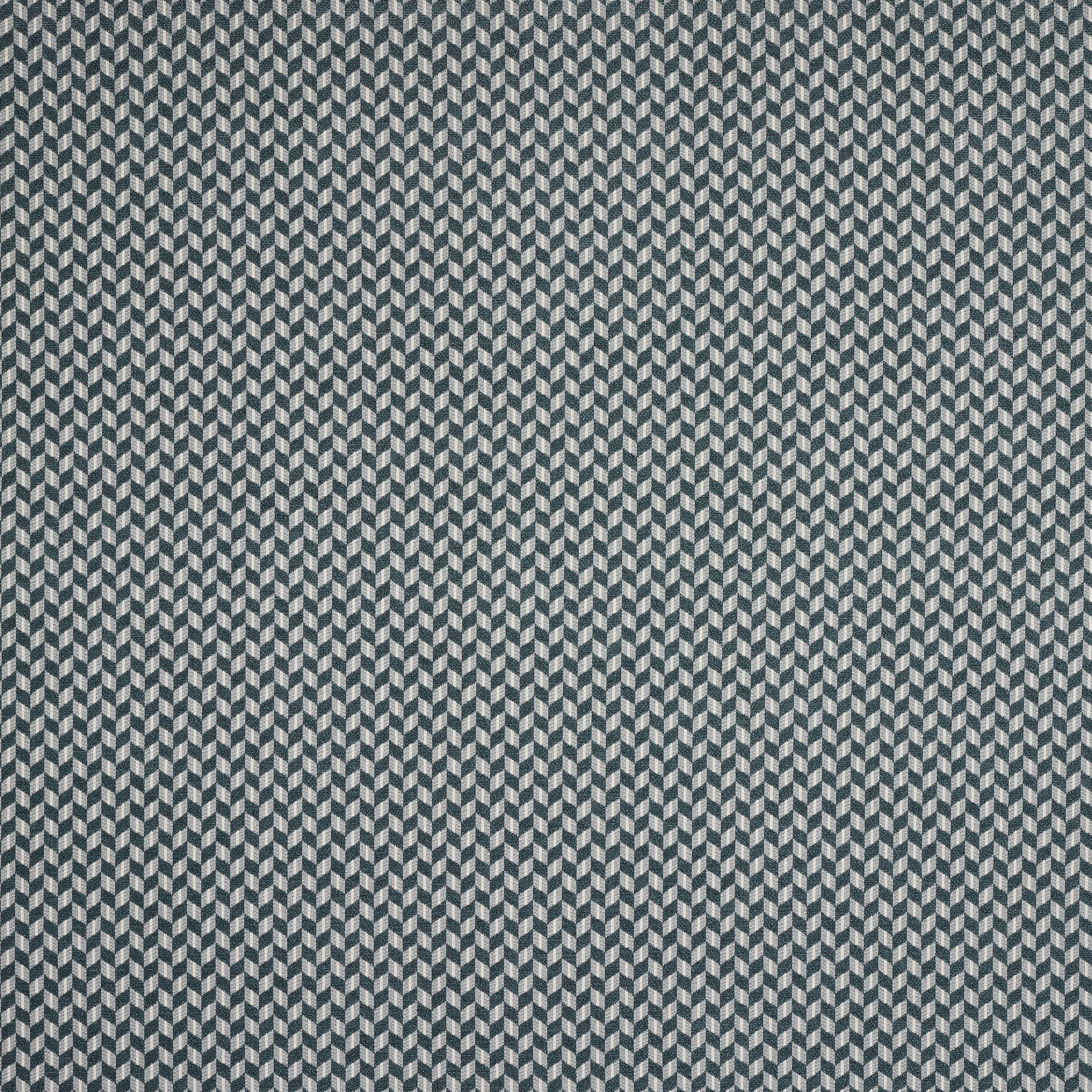 Close-up of a small geometric woven fabric in deep teal and pale grey