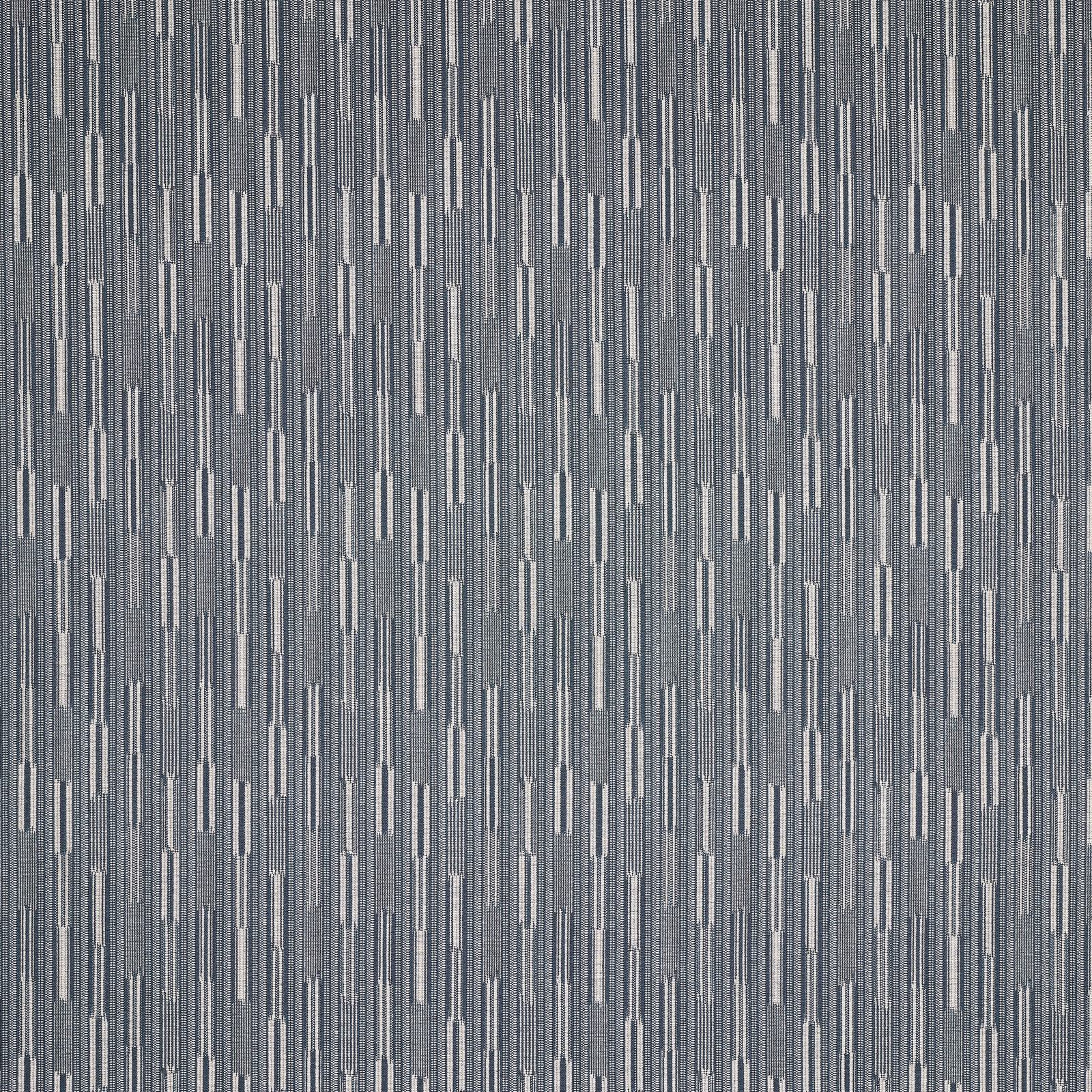 Misty blue geometric woven fabric with slender vertical blocks and fine stripe texture