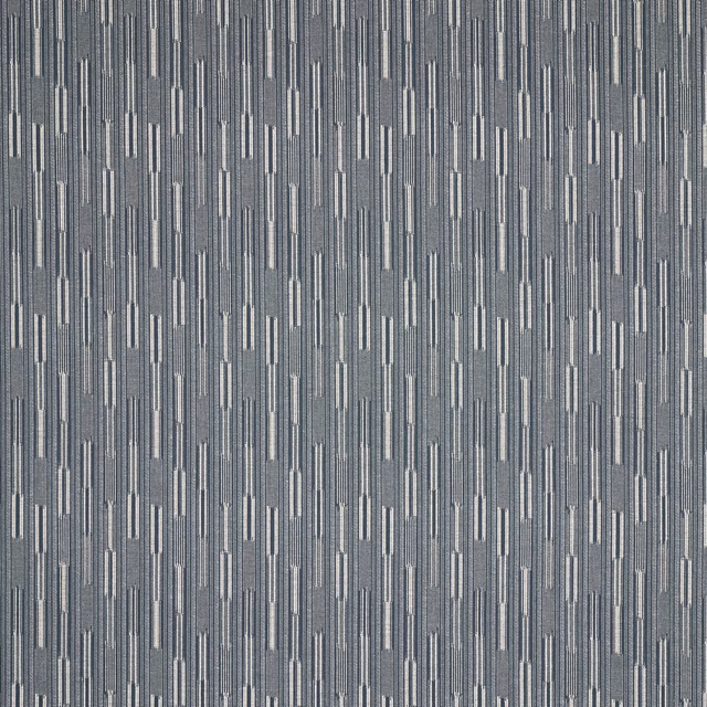Misty blue geometric woven fabric with slender vertical blocks and fine stripe texture