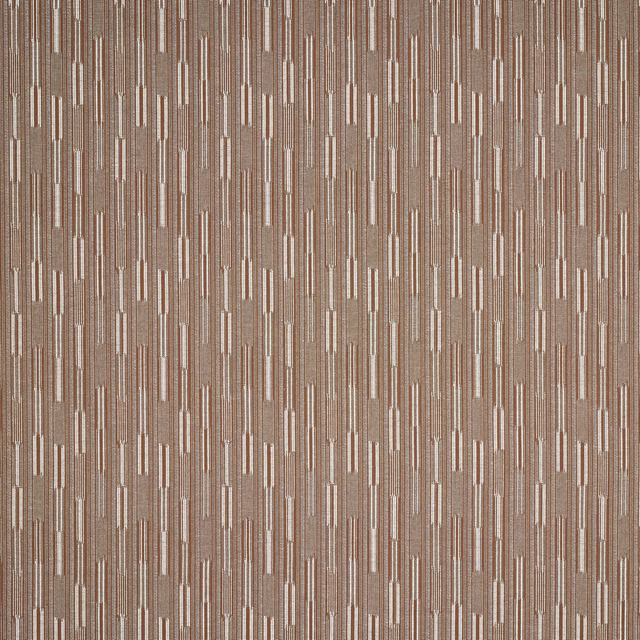 Taupe geometric woven fabric with narrow vertical cream and brown bars