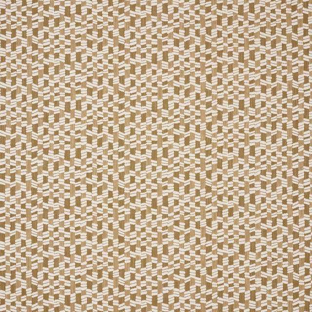Honey-gold geometric woven fabric with cream accents and small-scale texture