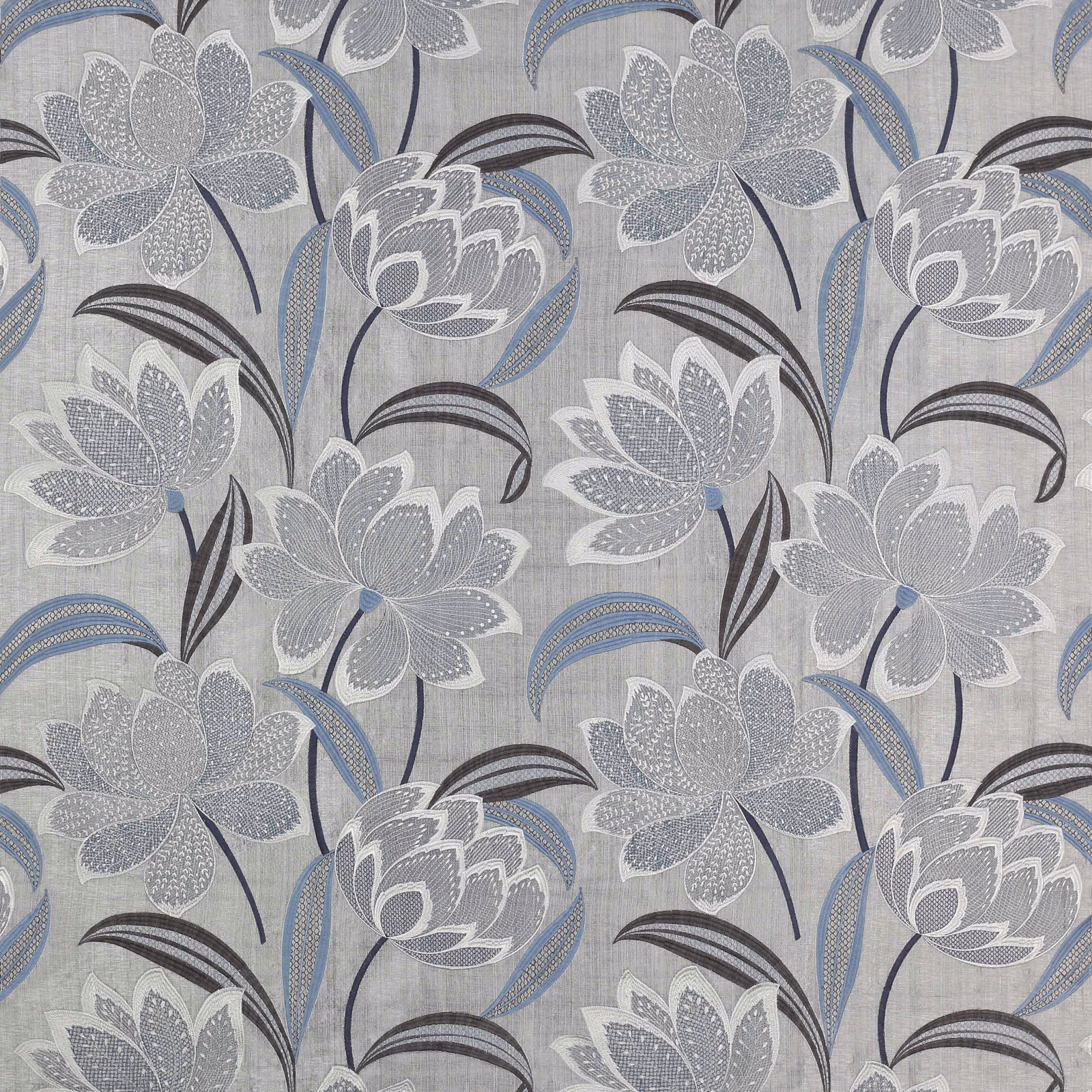 Blue-grey floral fabric with large layered petals and flowing dark stems