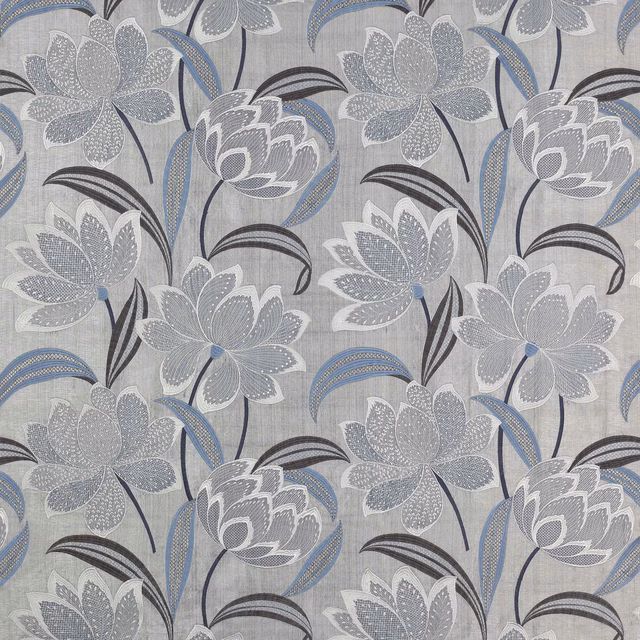 Blue-grey floral fabric with large layered petals and flowing dark stems