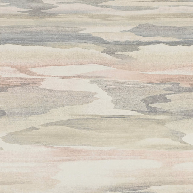 Pale pink, grey and ivory cloud-like washes across a softly mottled wallcovering