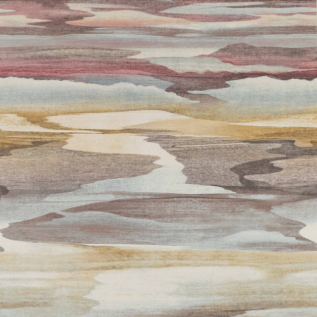 Painterly purple and gold cloudscape wallpaper with layered mauve, grey and cream bands