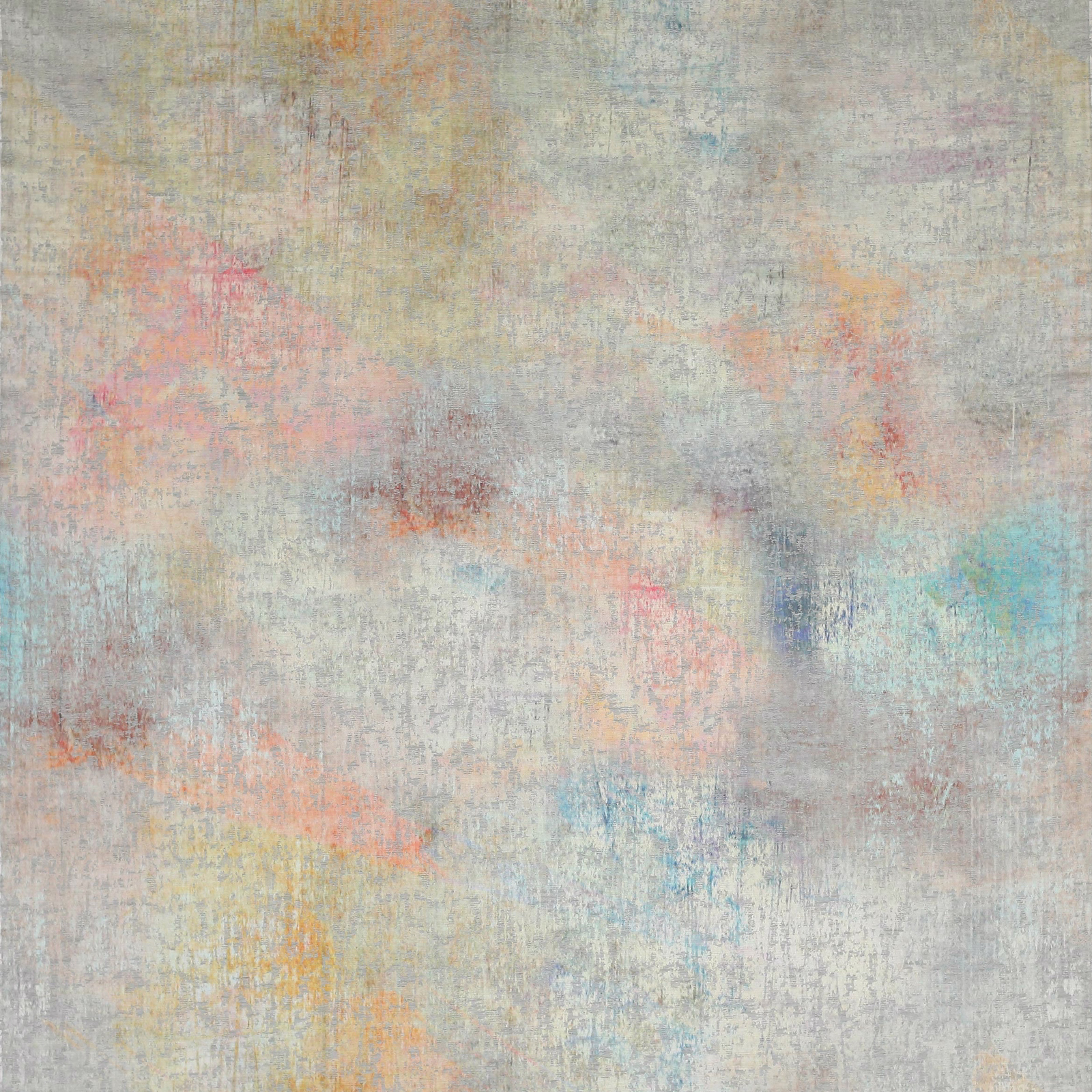 Abstract pastel fabric swatch with misty grey ground, blush, aqua and coral marks