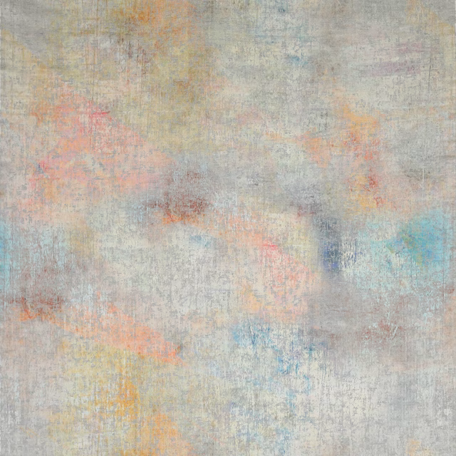 Abstract pastel fabric swatch with misty grey ground, blush, aqua and coral marks