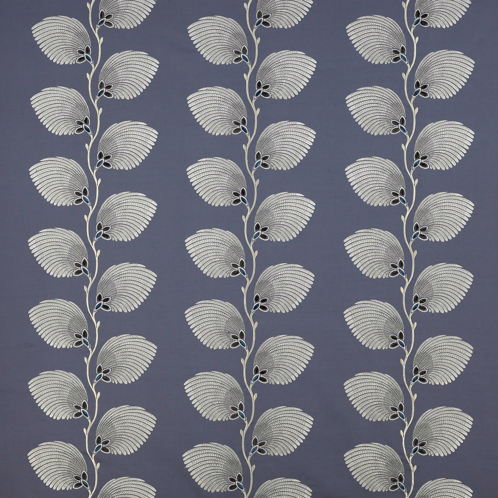 Blue fabric swatch with repeating silver botanical vine and leaf motif