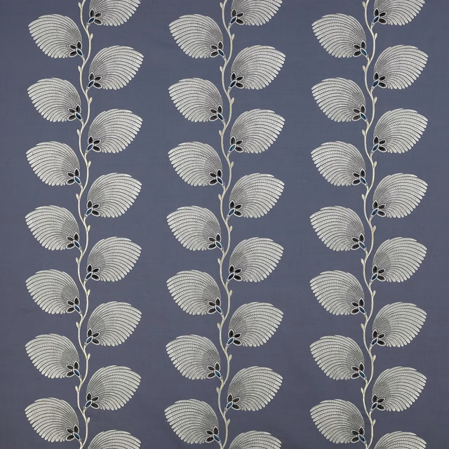 Blue fabric swatch with repeating silver botanical vine and leaf motif