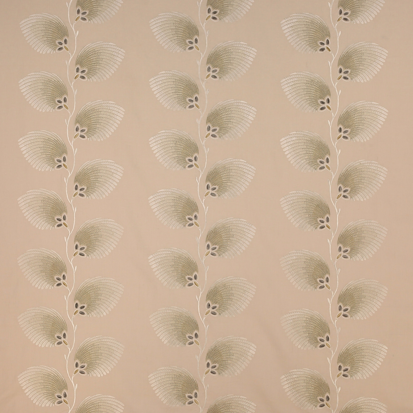 Ivory and gold trailing leaf fabric with a soft metallic sheen and vertical repeat
