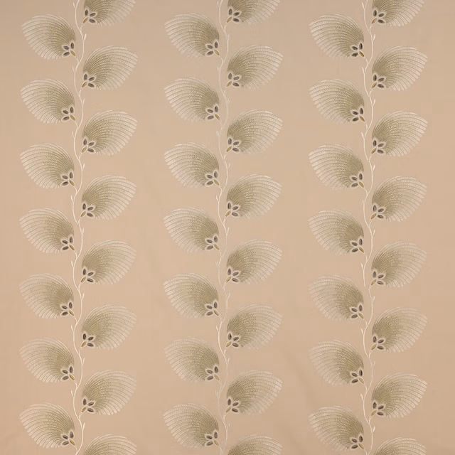 Ivory and gold trailing leaf fabric with a soft metallic sheen and vertical repeat
