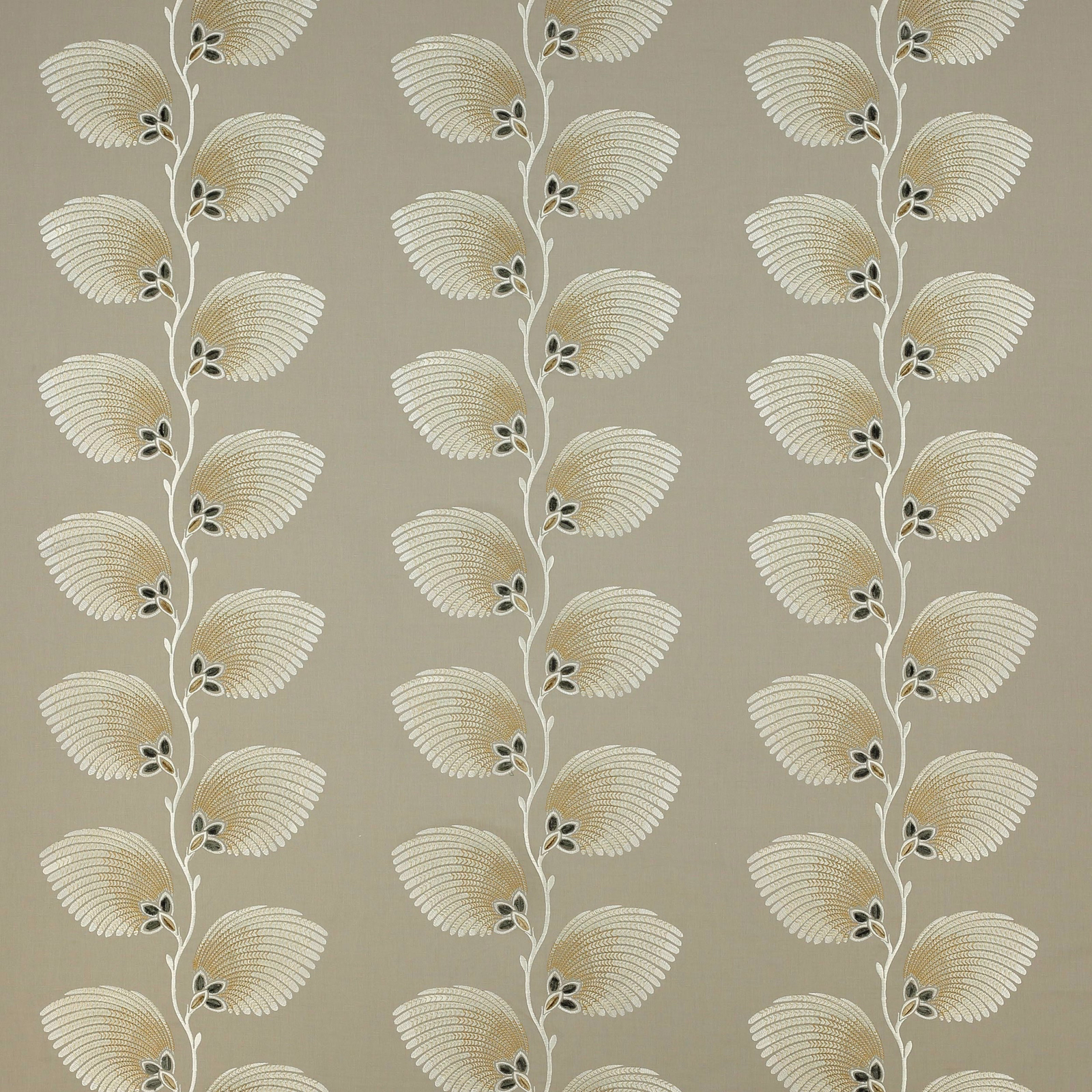 Vertical leaf motif fabric in soft silver and gold on a taupe-grey ground