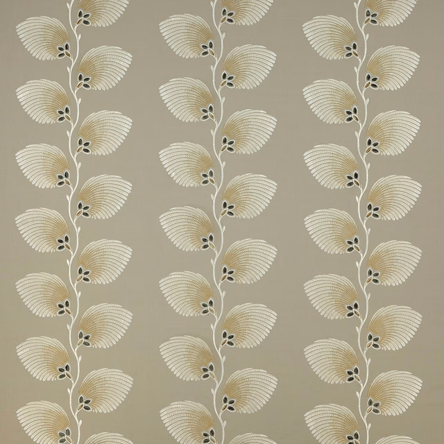 Vertical leaf motif fabric in soft silver and gold on a taupe-grey ground