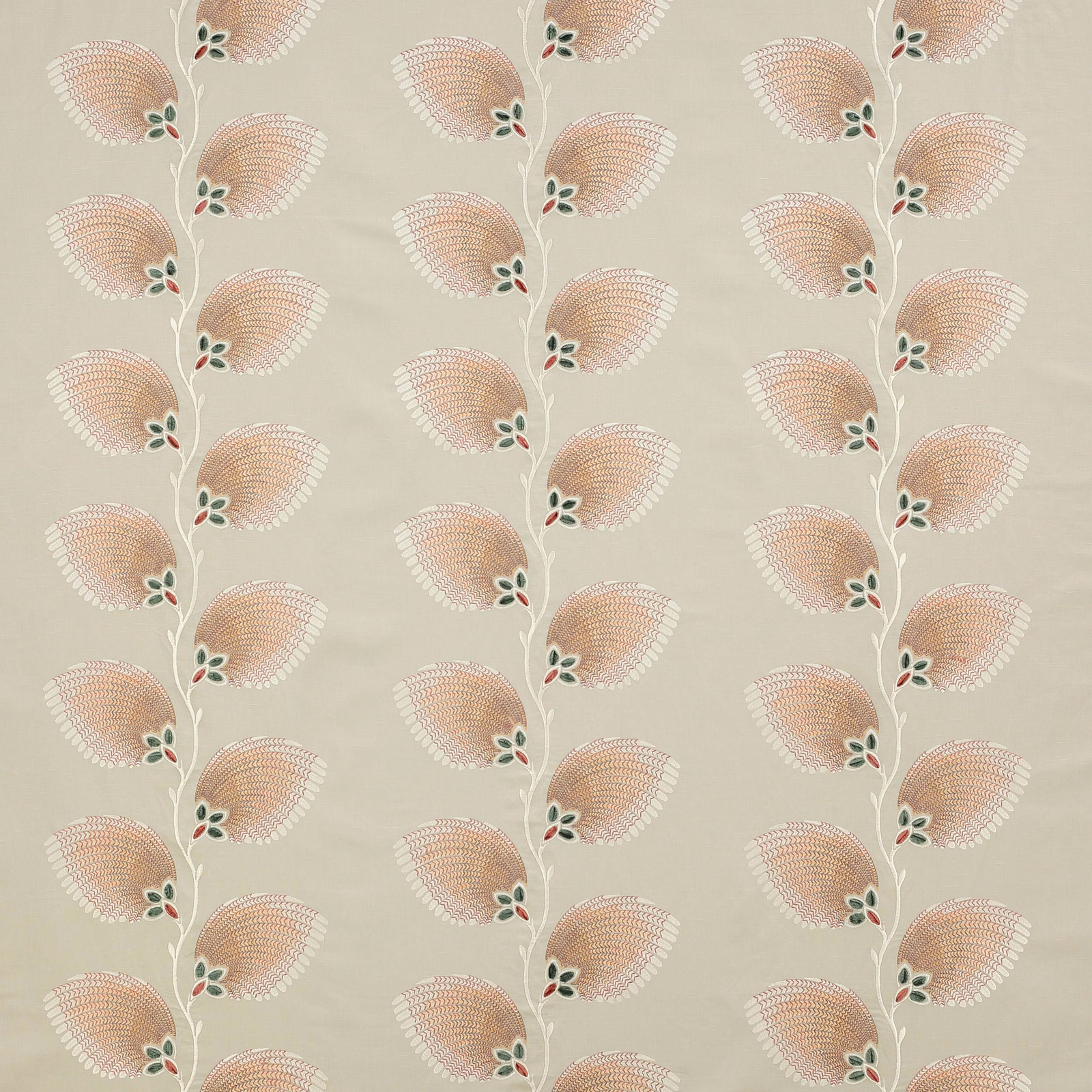 Trailing floral fabric with pale blush petals on a soft silver-grey ground