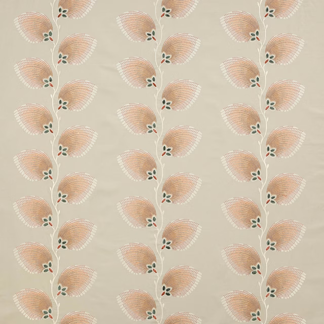 Trailing floral fabric with pale blush petals on a soft silver-grey ground
