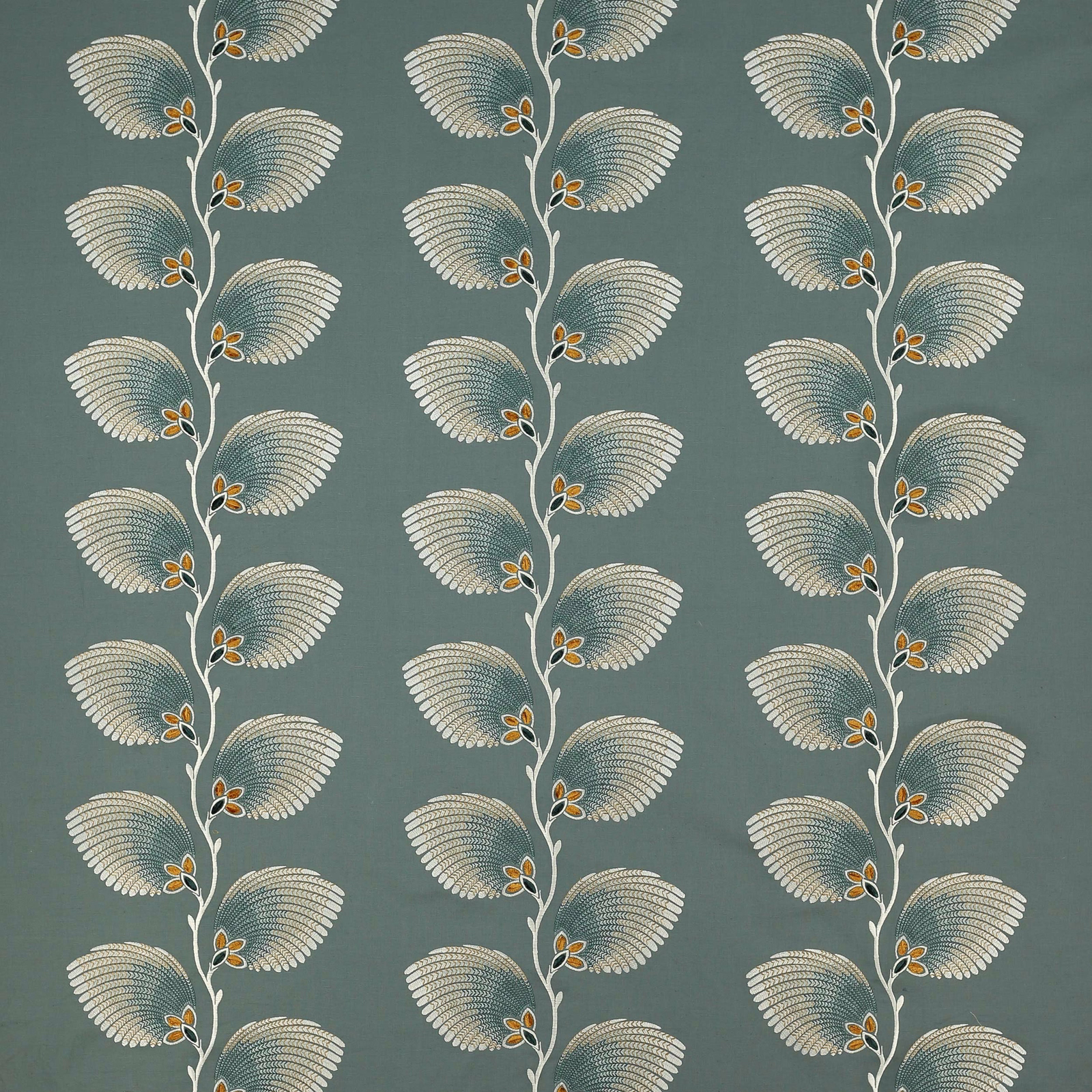 Muted teal botanical fabric with cream feathered leaves and small amber buds
