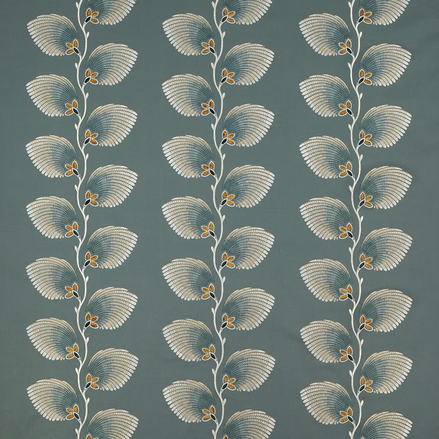 Muted teal botanical fabric with cream feathered leaves and small amber buds