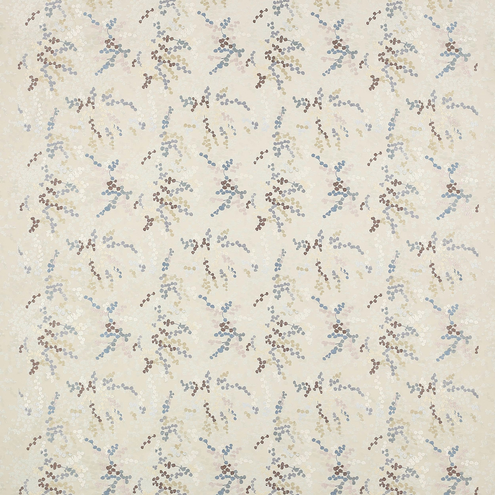 Pale aqua and taupe dotted leaf pattern on a cream fabric swatch