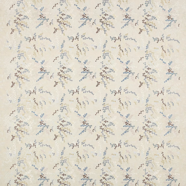 Pale aqua and taupe dotted leaf pattern on a cream fabric swatch