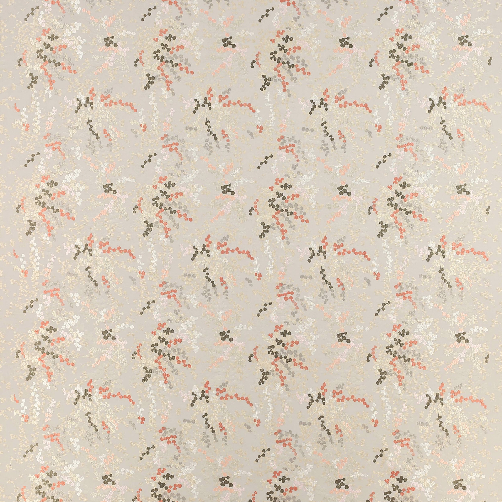 Soft grey fabric with scattered blush, coral and olive dotted spray motif
