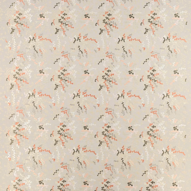 Soft grey fabric with scattered blush, coral and olive dotted spray motif