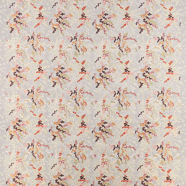 Pale ground fabric with small scattered red, ochre and plum botanical sprays