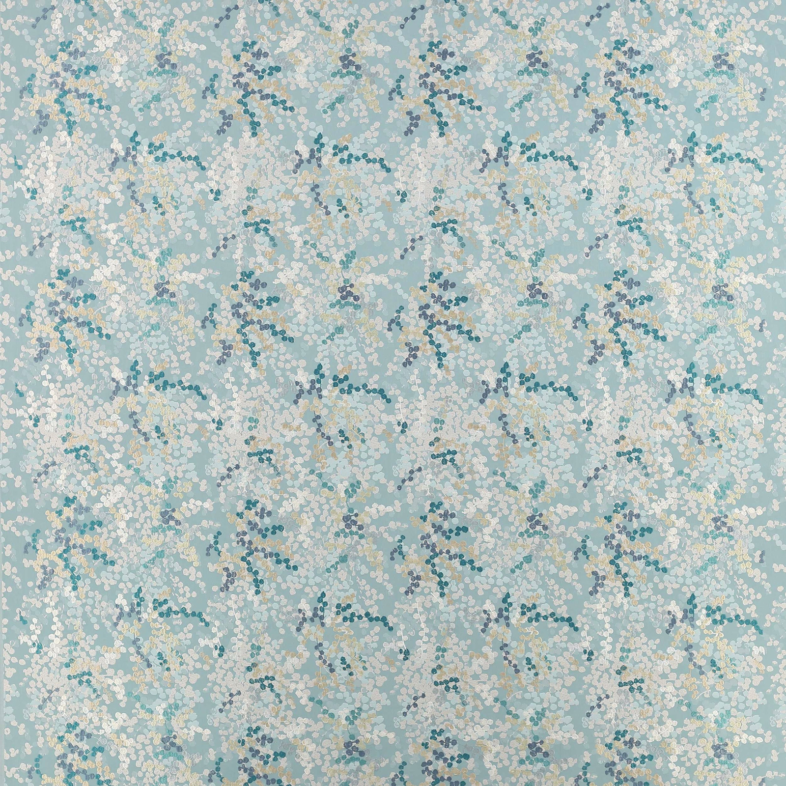 Soft aqua teal floral print with ivory and grey dotted motifs