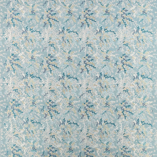 Soft aqua teal floral print with ivory and grey dotted motifs