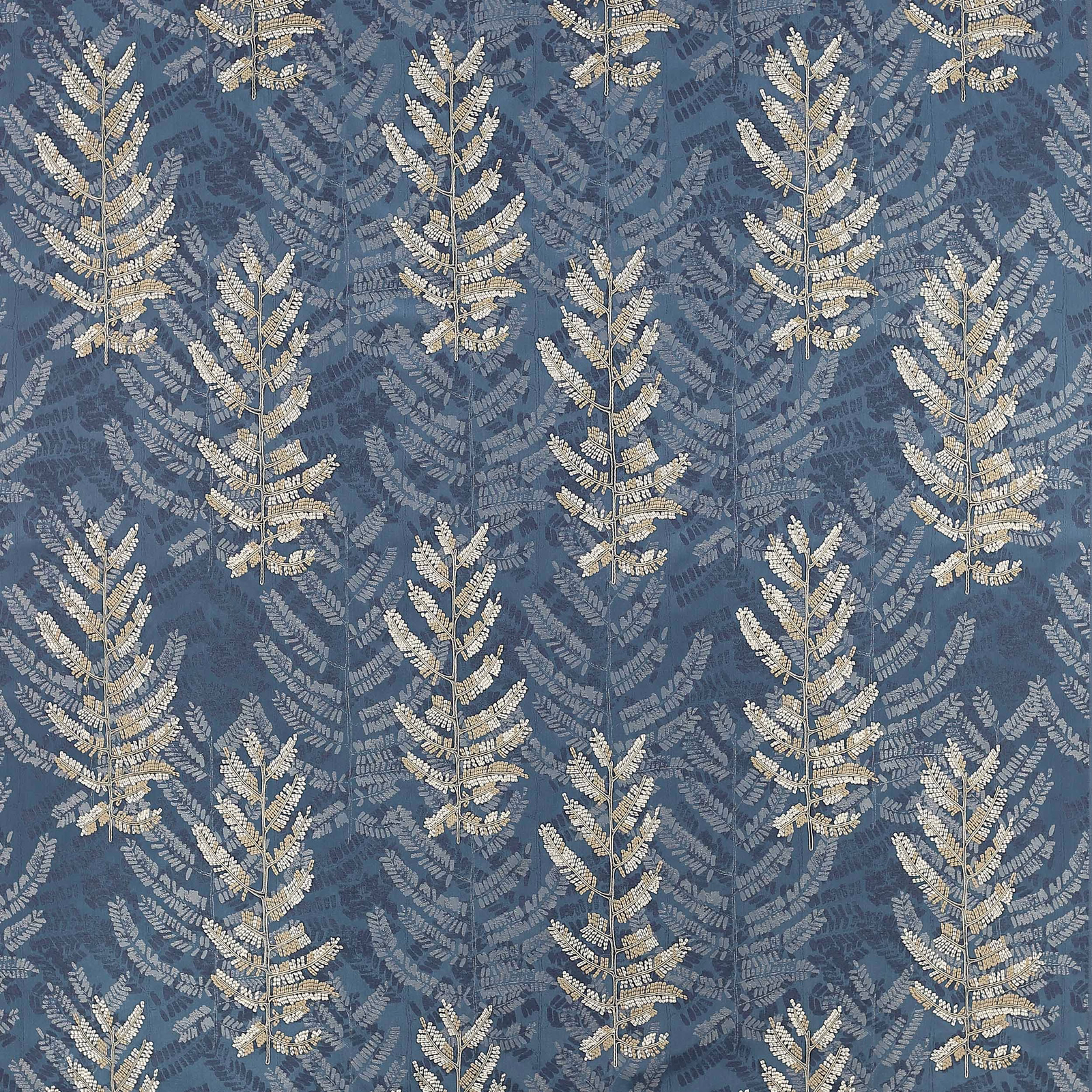 Blue woven fabric with vertical fern leaf motif in cream and slate tones