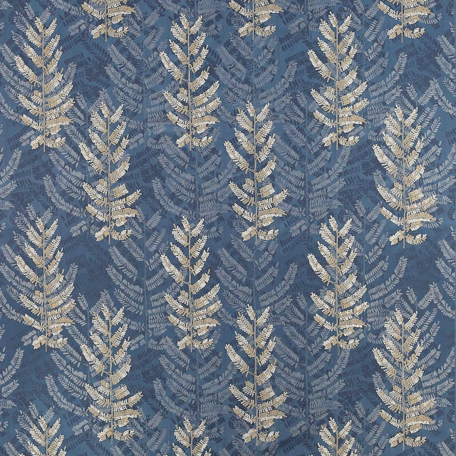 Blue woven fabric with vertical fern leaf motif in cream and slate tones