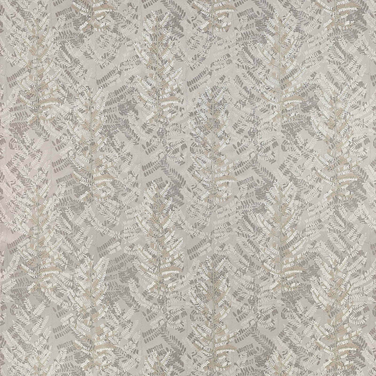 Silver-grey leaf-pattern fabric with a subtle pearly sheen and textured woven surface