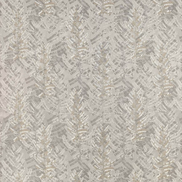 Silver-grey leaf-pattern fabric with a subtle pearly sheen and textured woven surface