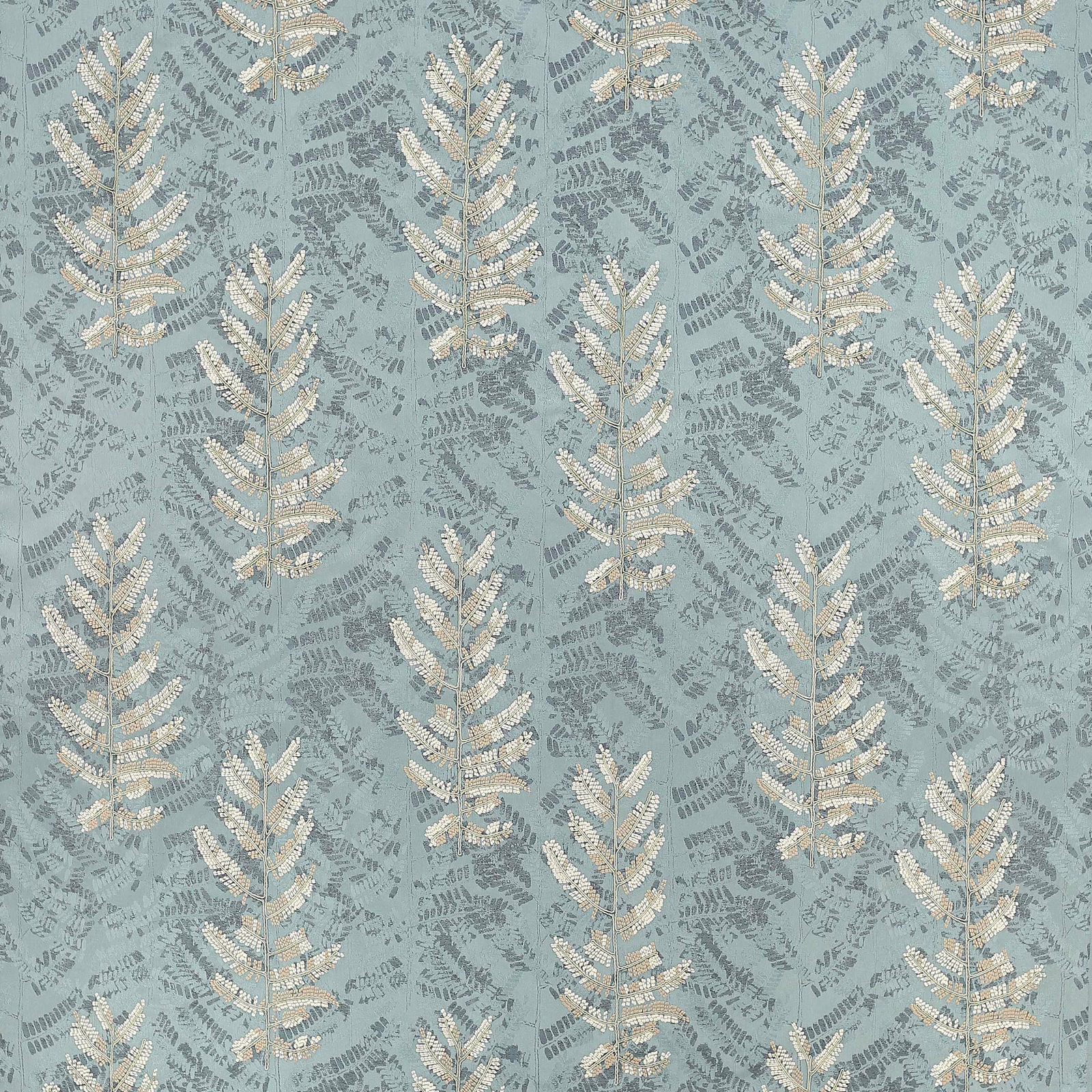 Soft teal woven fabric with cream leaf motifs and fine fern texture