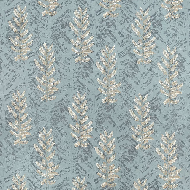 Soft teal woven fabric with cream leaf motifs and fine fern texture