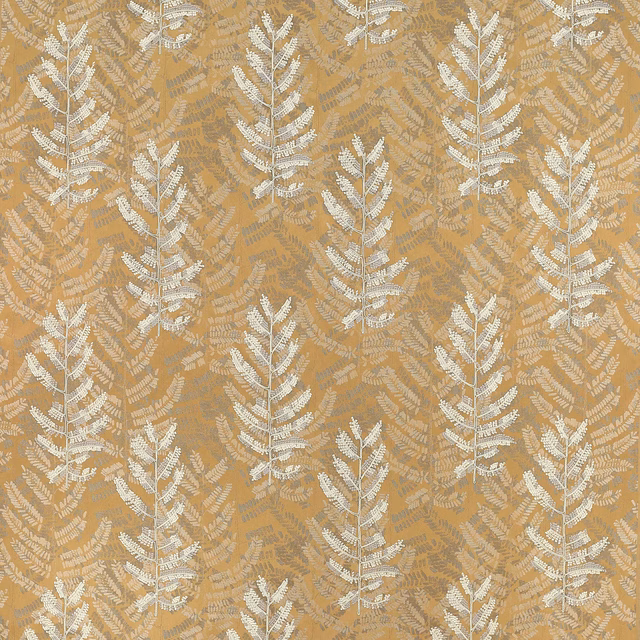 Warm umber jacquard with pale leaf motif on an ochre ground